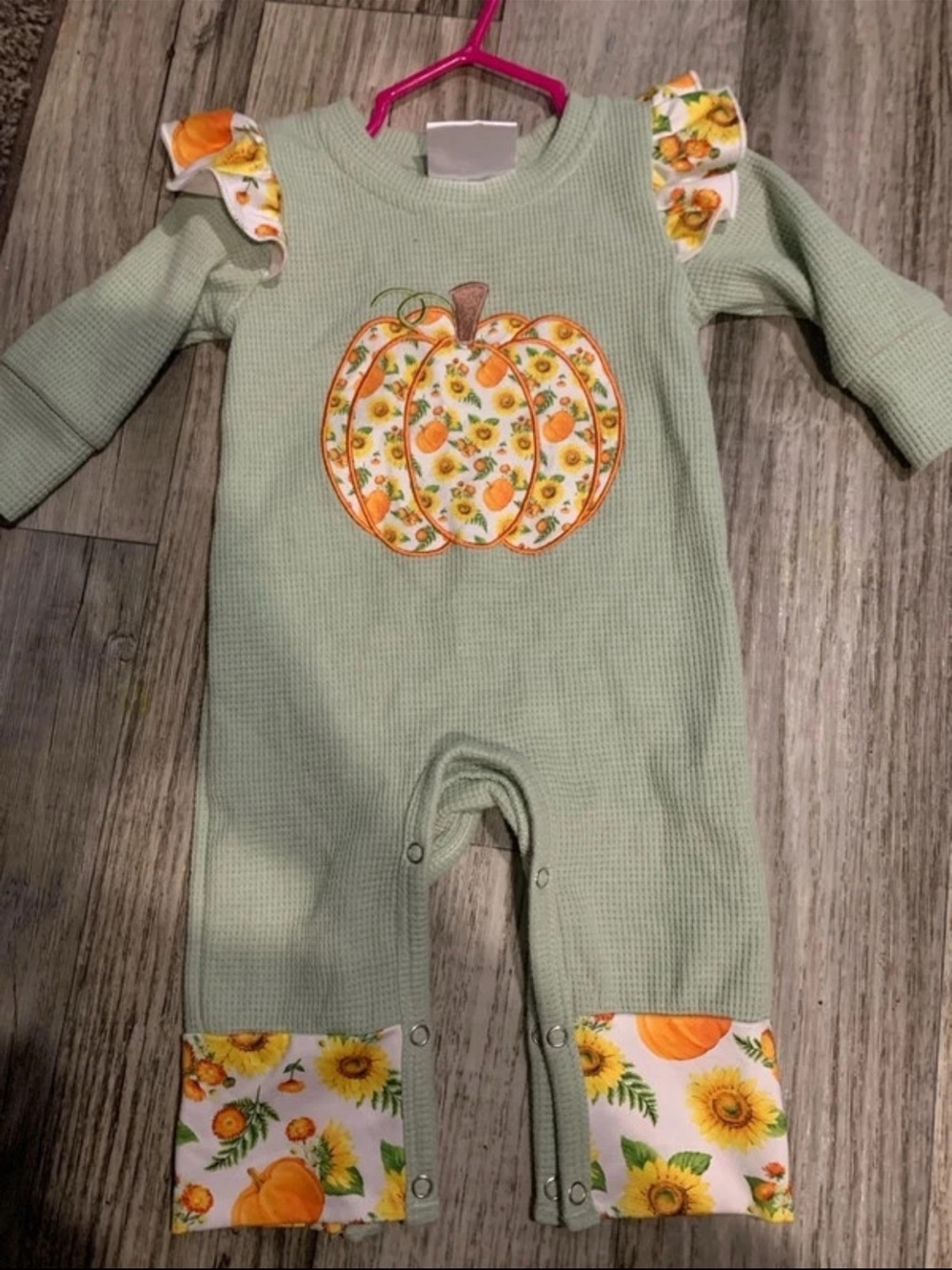 Mint Green Pumpkin Applique Baby Footie with Ruffle Shoulders